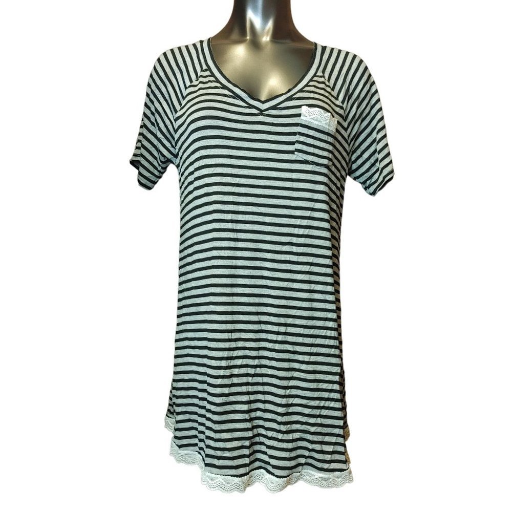 HONEYDEW Womens M Black White Striped Lace Hem Pocket Short Sleeve Tunic Dress